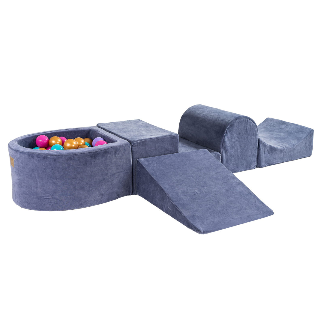 Velvet Blue-Gray Foam Play Set with Small Ball Pit With 100 Balls