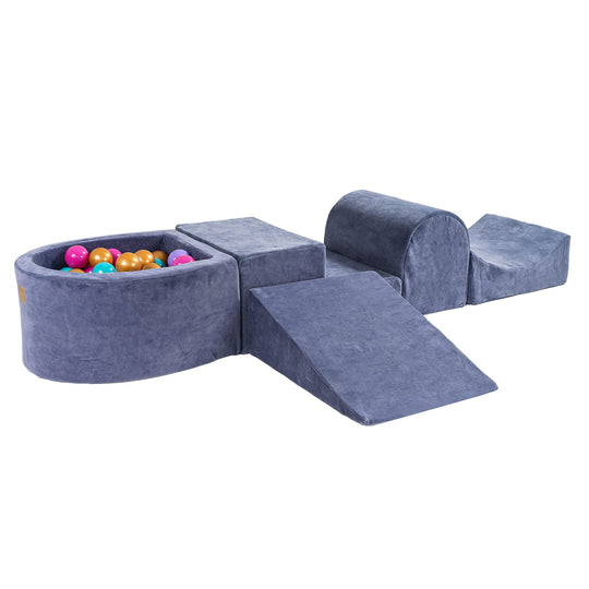 Velvet Blue-Gray Foam Play Set with Small Ball Pit With 100 Balls