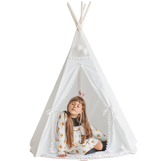 Snow White Kids Teepee Tent With Pom Poms