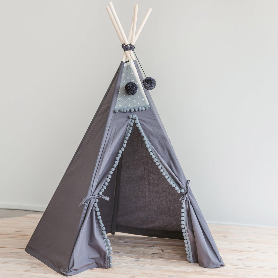 Grey Teepee Tent for Kids With Pom Poms