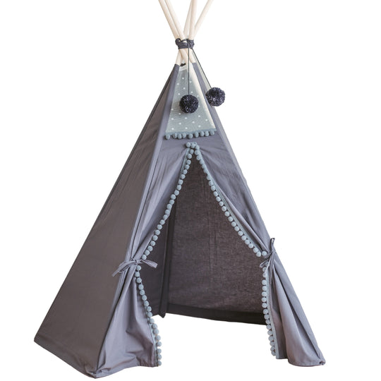 Grey Teepee Tent for Kids With Pom Poms