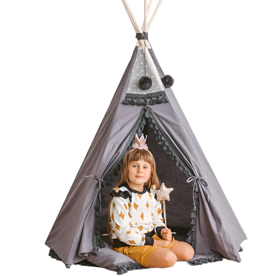 Grey Teepee for Kids With Tassel Decor