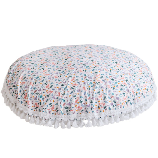 Large Floor Cushion in White and Floral Pattern