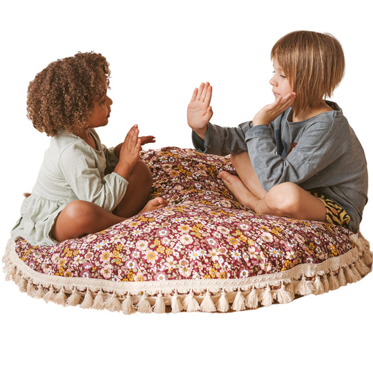 Large Kids Floor Cushion in Burgundy Floral Pattern