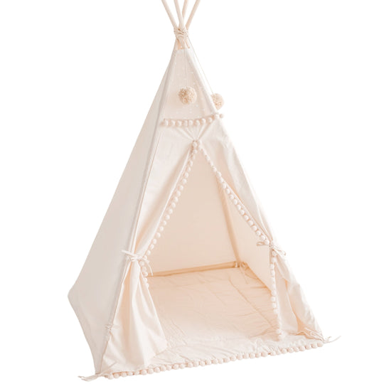 Square Children's Teepee With Pom-Poms in Ecru with Play Mat