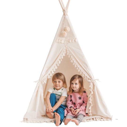 Square Teepee Tent With Tassels in Ecru with Play Mat