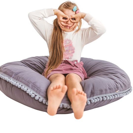 Large Floor Cushion With Pom Poms in Grey
