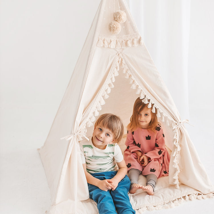 Square Teepee Tent With Tassels in Ecru with Play Mat