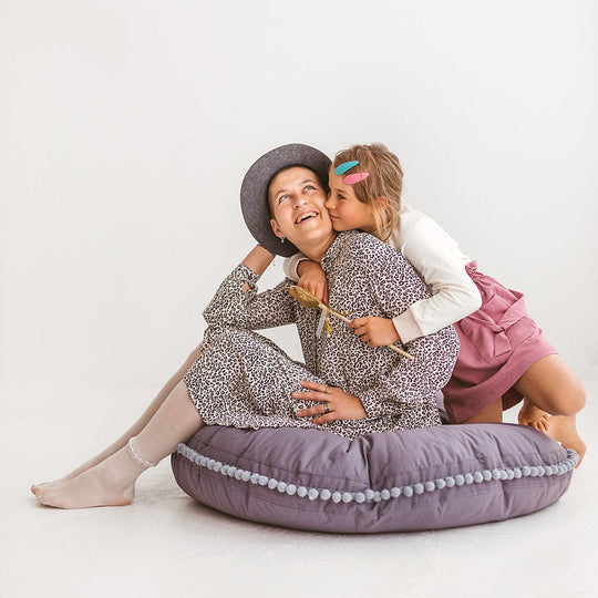 Large Floor Cushion With Pom Poms in Grey