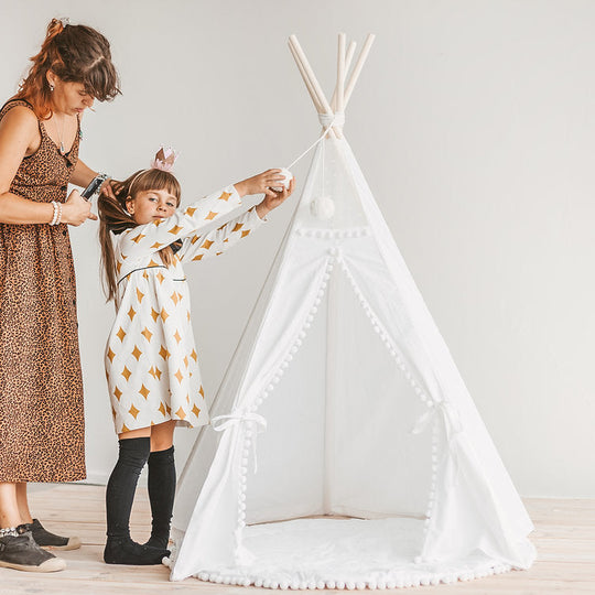 Snow White Kids Teepee Tent With Pom Poms