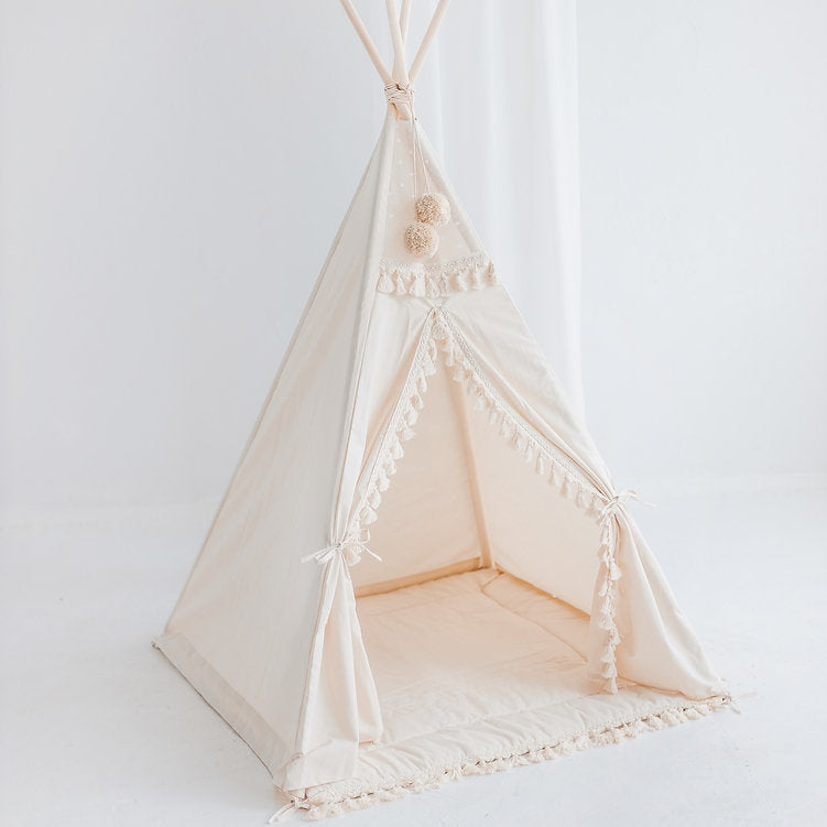 Square Teepee Tent With Tassels in Ecru with Play Mat