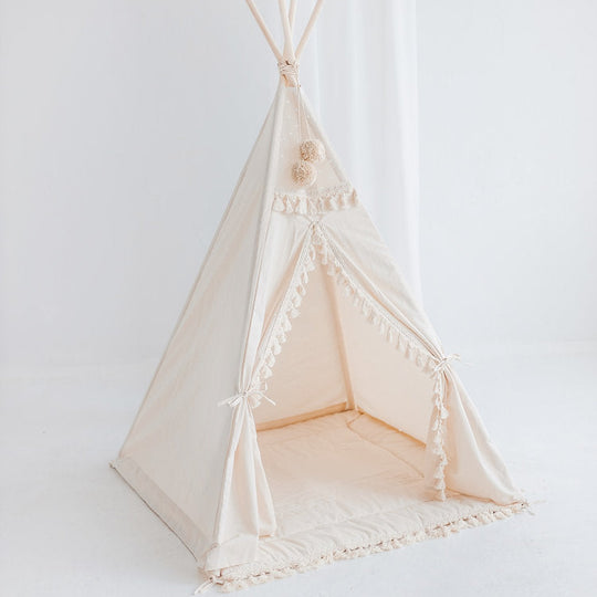 Square Teepee Tent With Tassels in Ecru with Play Mat