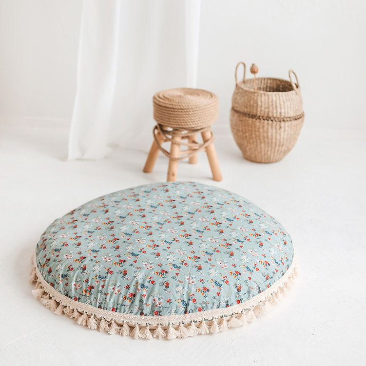 Large Floor Pillow in Mint and Floral Pattern