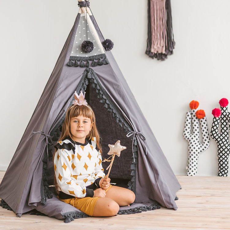 Grey Teepee for Kids With Tassel Decor