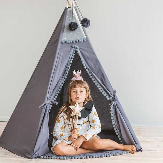 Grey Teepee Tent for Kids With Pom Poms