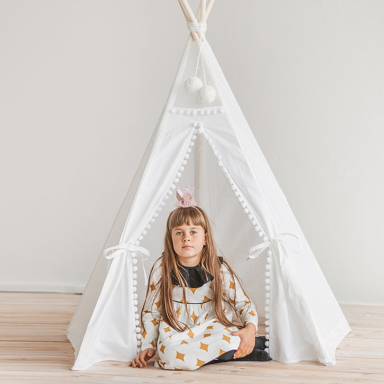 Snow White Kids Teepee Tent With Pom Poms