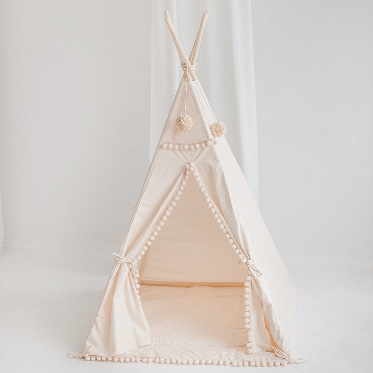 Square Children's Teepee With Pom-Poms in Ecru with Play Mat