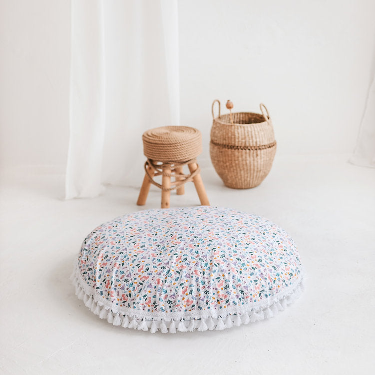 Large Floor Cushion in White and Floral Pattern
