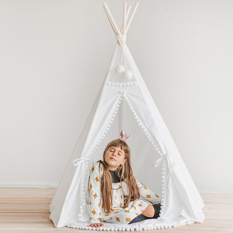 Snow White Kids Teepee Tent With Pom Poms
