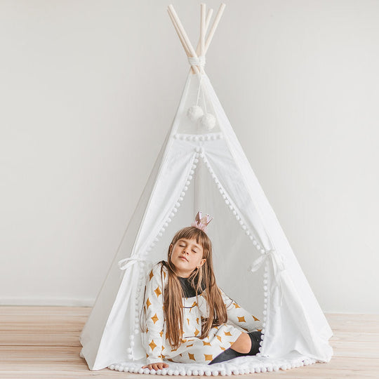 Snow White Kids Teepee Tent With Pom Poms