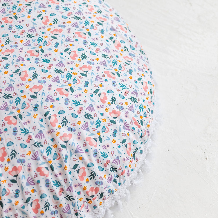 Large Floor Cushion in White and Floral Pattern