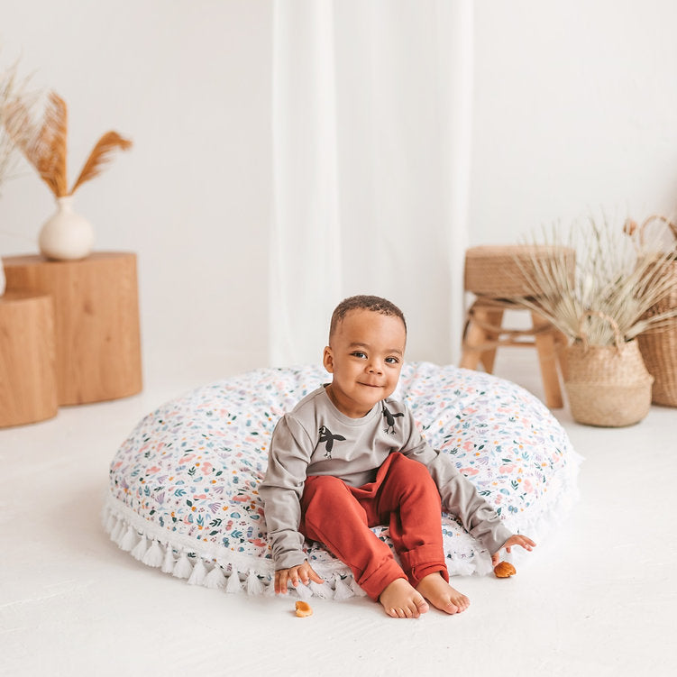 Large Floor Cushion in White and Floral Pattern
