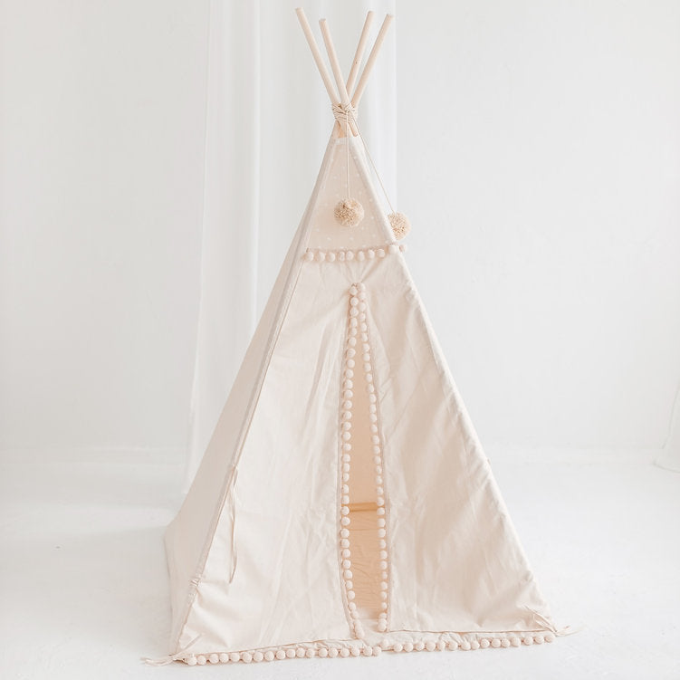 Square Children's Teepee With Pom-Poms in Ecru with Play Mat
