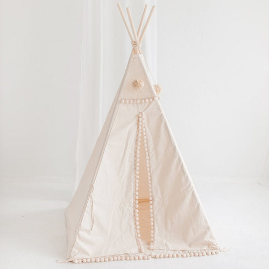 Square Children's Teepee With Pom-Poms in Ecru with Play Mat