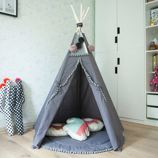 Grey Teepee Tent for Kids With Pom Poms