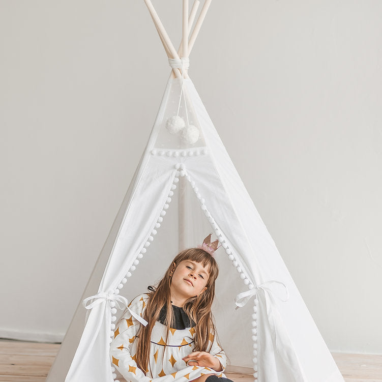 Snow White Kids Teepee Tent With Pom Poms