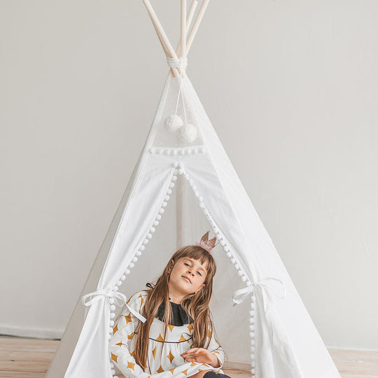 Snow White Kids Teepee Tent With Pom Poms