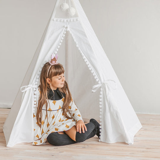 Snow White Kids Teepee Tent With Pom Poms