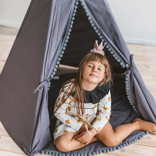 Grey Teepee Tent for Kids With Pom Poms