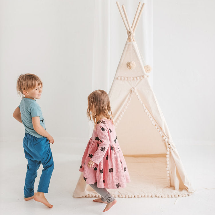 Square Children's Teepee With Pom-Poms in Ecru with Play Mat