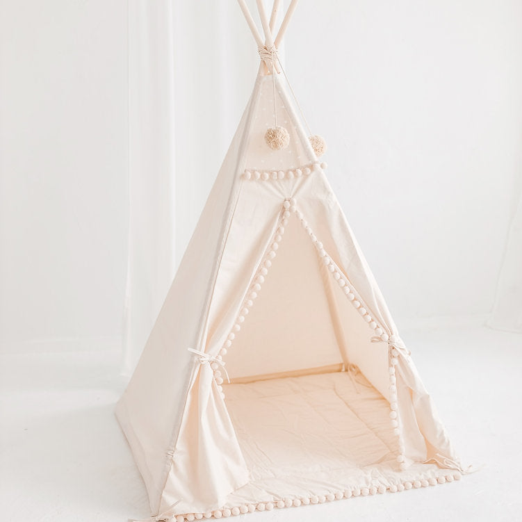 Square Children's Teepee With Pom-Poms in Ecru with Play Mat