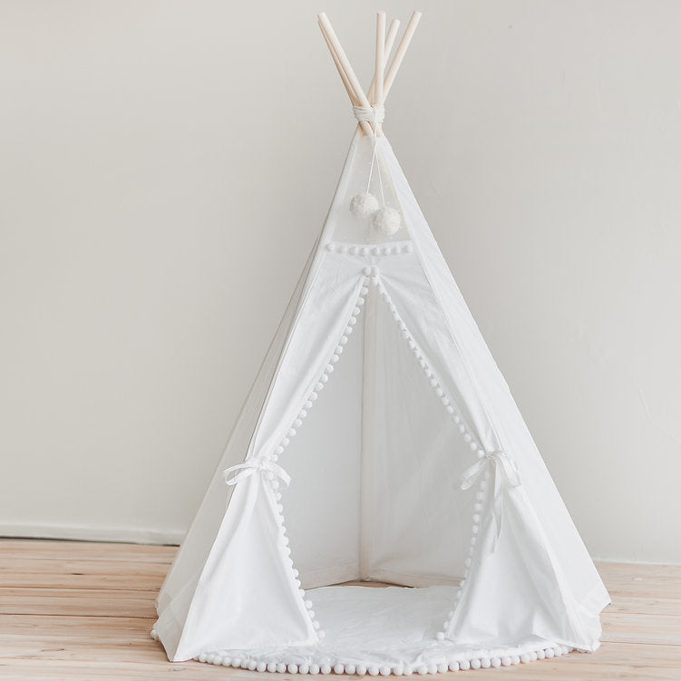 Snow White Kids Teepee Tent With Pom Poms
