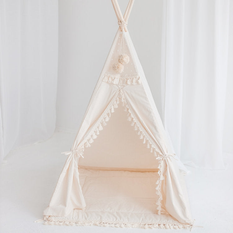 Square Teepee Tent With Tassels in Ecru with Play Mat