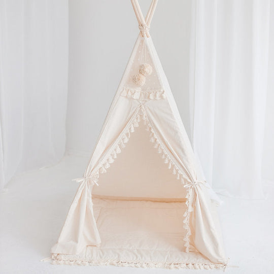 Square Teepee Tent With Tassels in Ecru with Play Mat